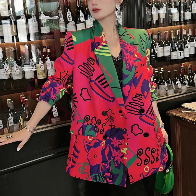 Spring Autumn Elegant Fashion Printing Blazers Ladies Long Sleeve Slim Casual All-match Coat Female Streetwear Outwear Top Women