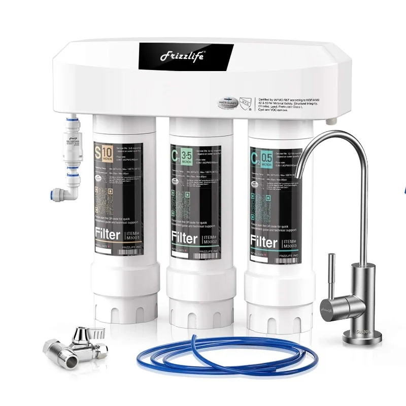 Frizzlife Under Sink Water Filter System with Brushed Nickel Faucet SP99-NEW, NSF/ANSI 42&53 Certified 3-Stage