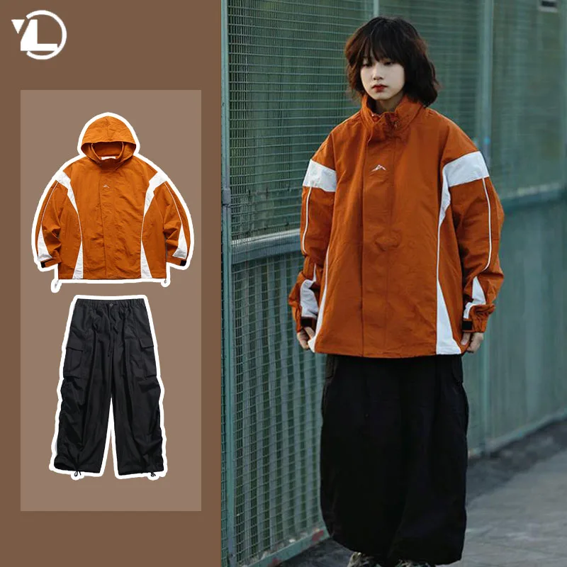 Outdoor Sports  Coat  Set New  Unisex Couple  2-piece Set  Casual Hooded Windbreaker+ Big Pocket Wide Leg Workwear Pants Suits