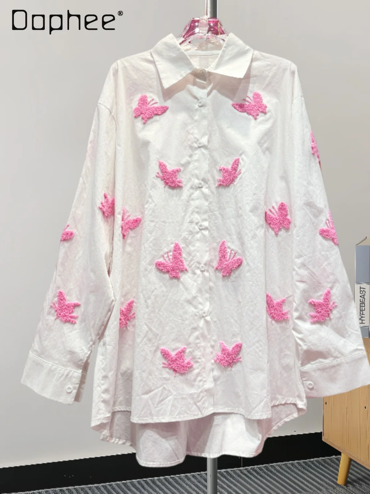 Outono nova moda casual versátil camisa de manga longa 3d borboleta bordado turn-down colarinho solto fino camisa de grandes dimensões feminina