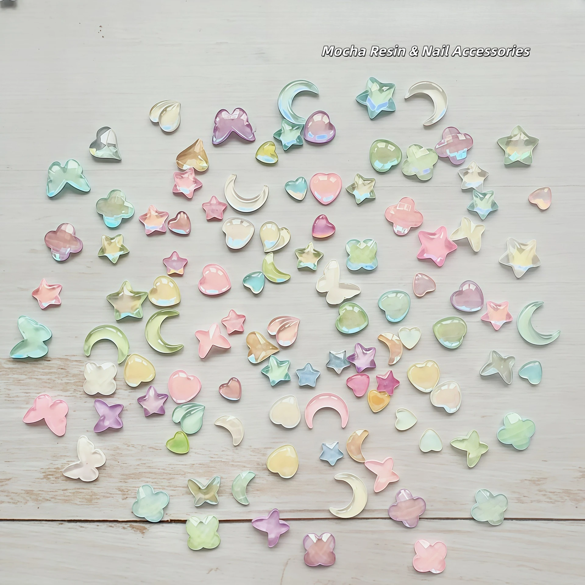50Pcs Macaron Mocha Star Moon Heart Peach Starfish Butterfly Flat‑Back Nail Charms Mixed Nail Art Decorations