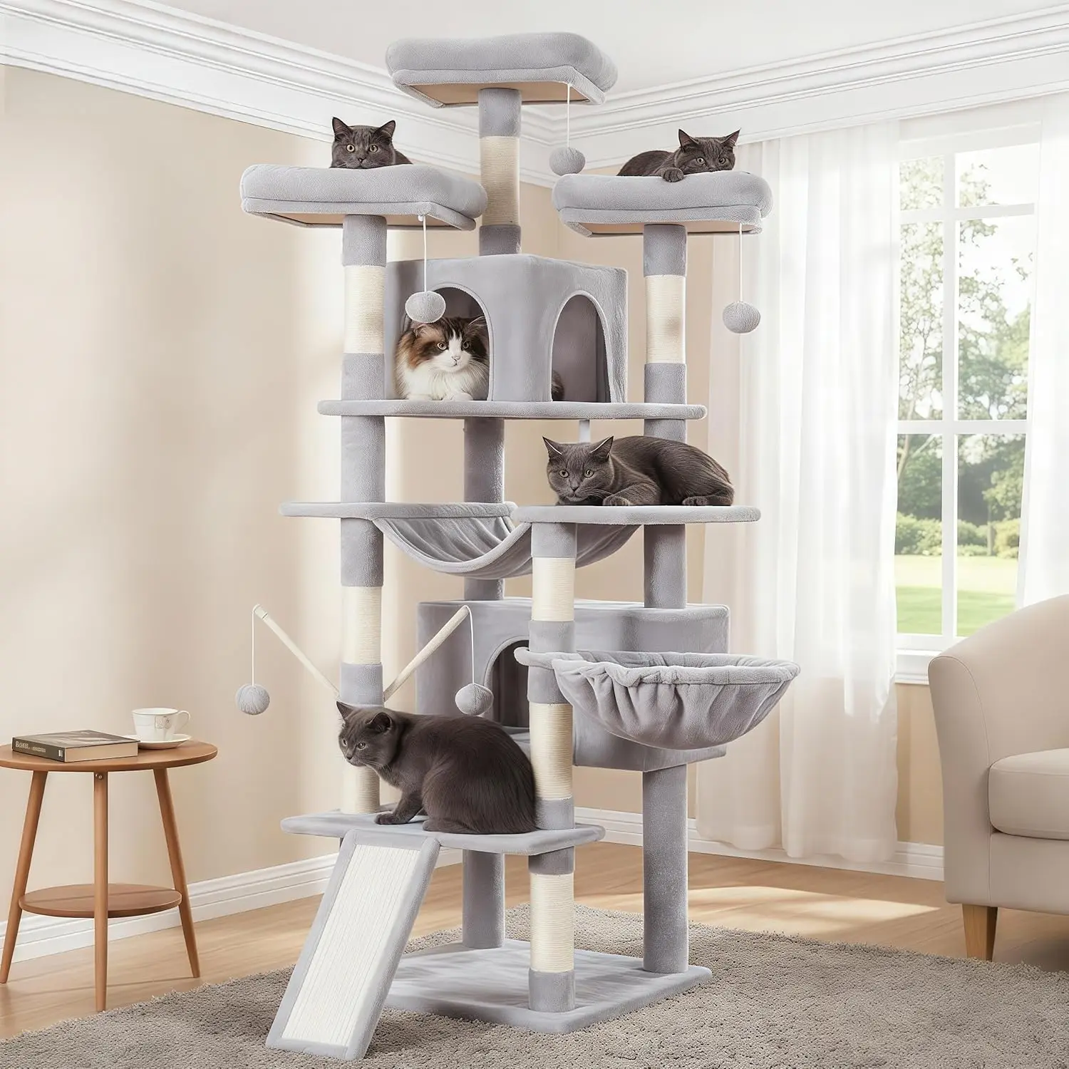 

71-inch XL Cat Tree with 3 Padded Perches, Big Scratcher, Cozy Basket, 2 Condos & Posts, Light Gray
