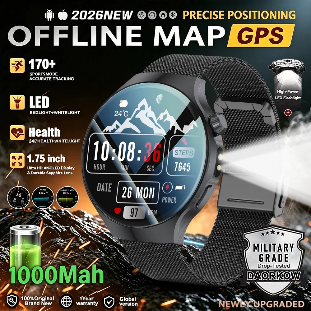 New 1000MAH Military SmartWatch For Men Women Waterproof Health Custom dial Flashlight Bluetooth Call Outdoor Sports SmartWatch