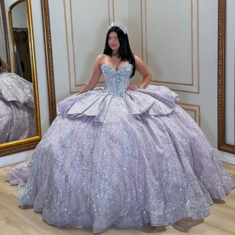 

Customized Shiny silver gray Quinceanera Dresses Off the Shoulder glitter crystal applique Lace Long tail Vestido 15 Quinceanera