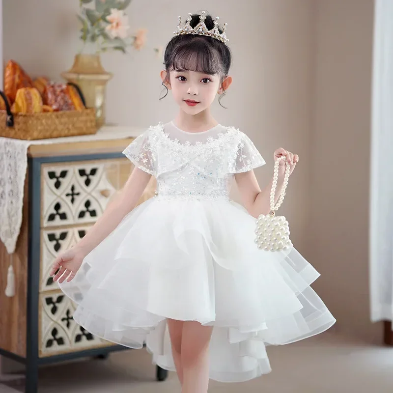 Robe d'anniversaire de princesse pour enfants, robe en maille à queue, robe de mariée pour petite fille, robes de princesse, jupe moelleuse, nouveau