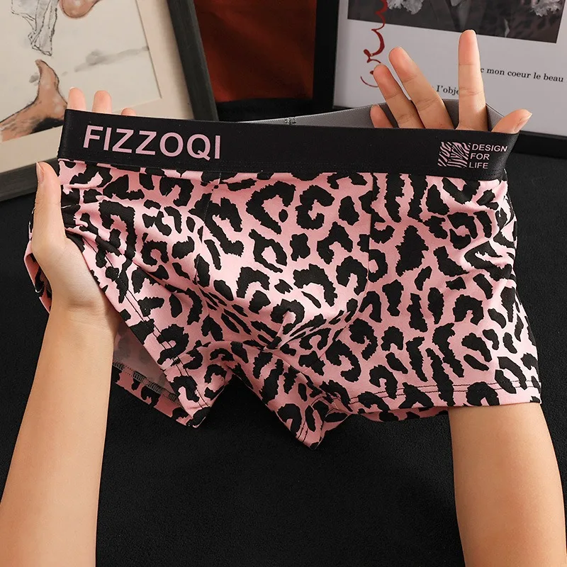 Solid Cotton Flat Boxers Breathable Underwear Men Leopard Print Boxershorts Comfy Middle Waist Man Panties Shorts U Convex Pouch