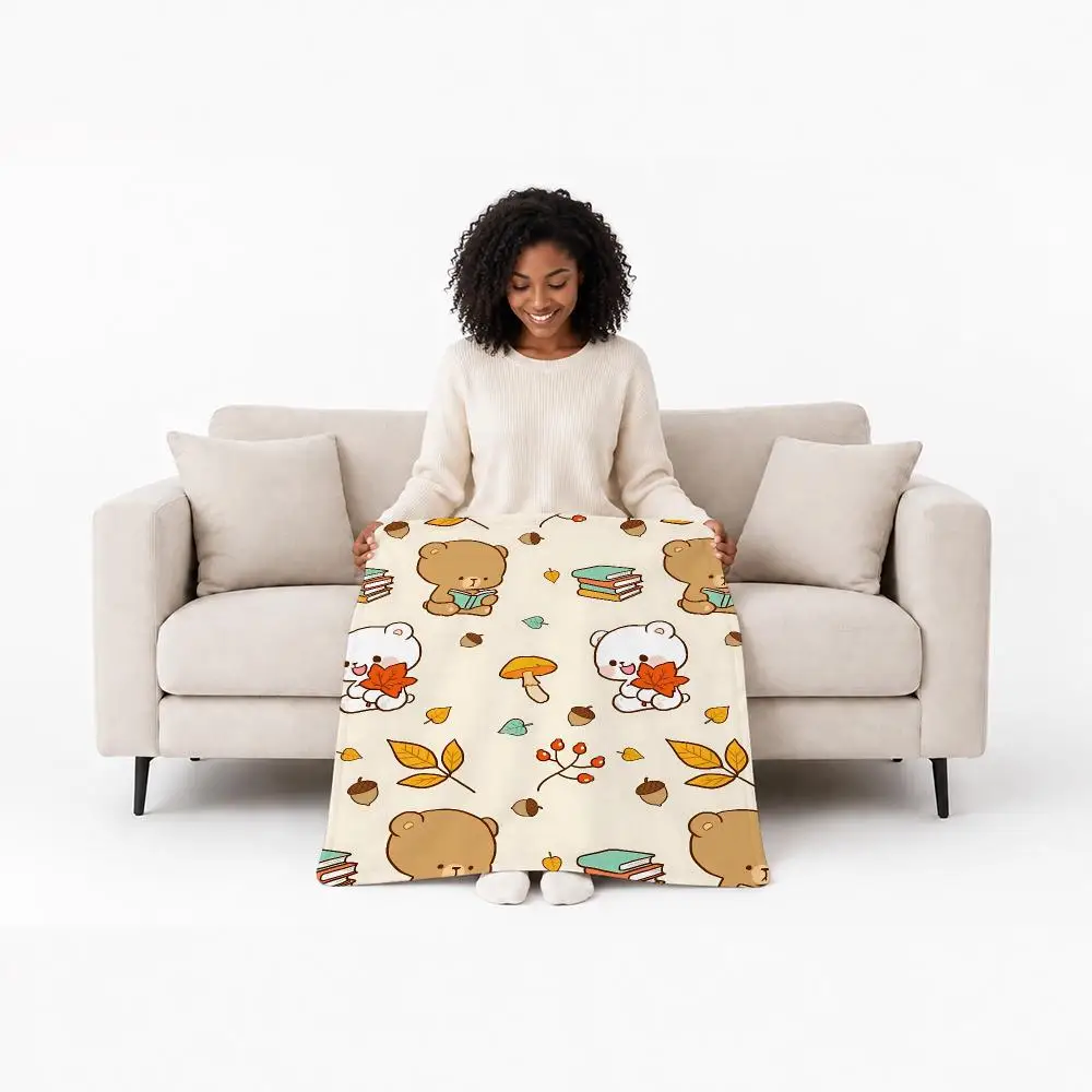 Cute Character Milk and Mocha Bear Throw Custom Printed Flannel Fleece Blanket for Sofa Bed Office Travel & Camping