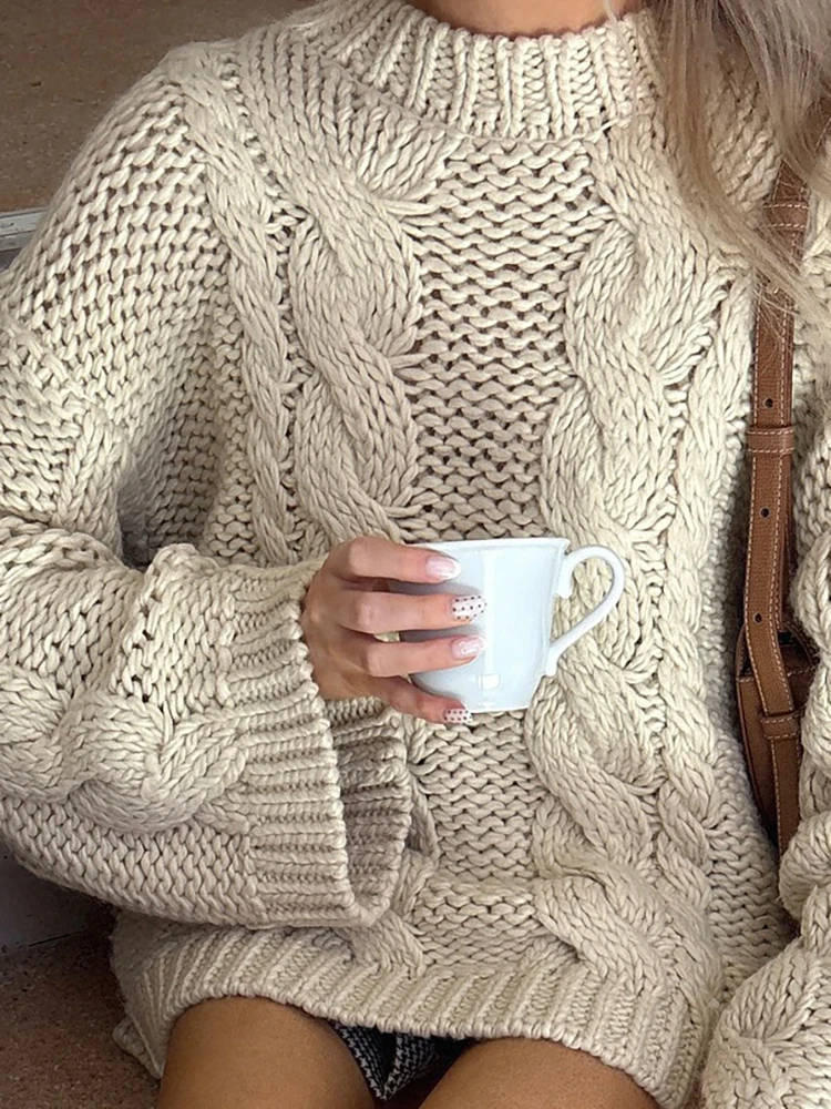 

Autumn Elegant Round Neck Pullover Jumper Women Fahsion Flared Sleeve Loose Knitted Tops 2025 Winter Casual Solid Color Sweater