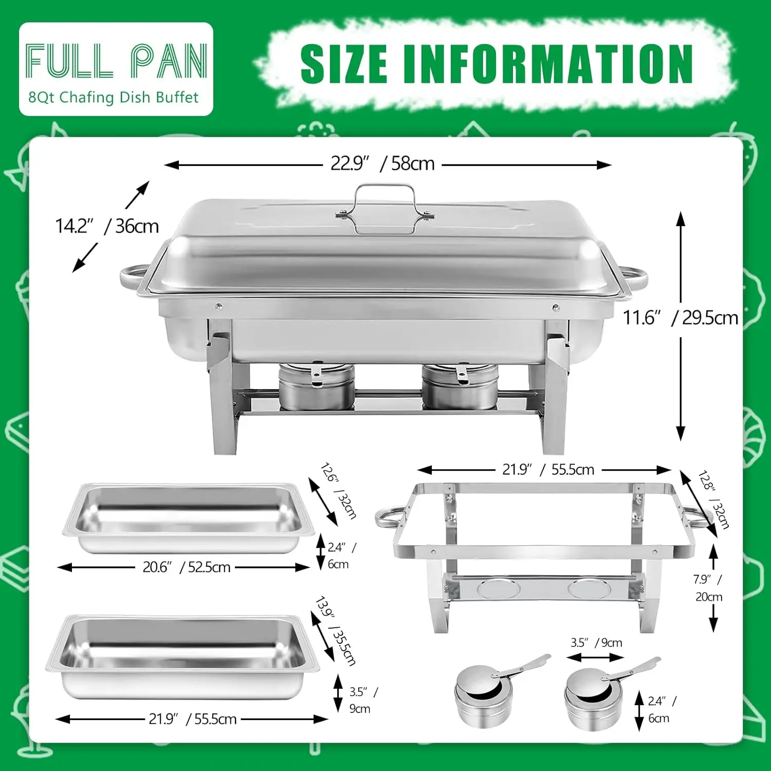 10 Pack Chafing Dish Buffet Set, Stainless Steel Catering Food Warmer For Banquet, Parties, Wedding (6 Packs 8Qt 1/2 Pan + 2