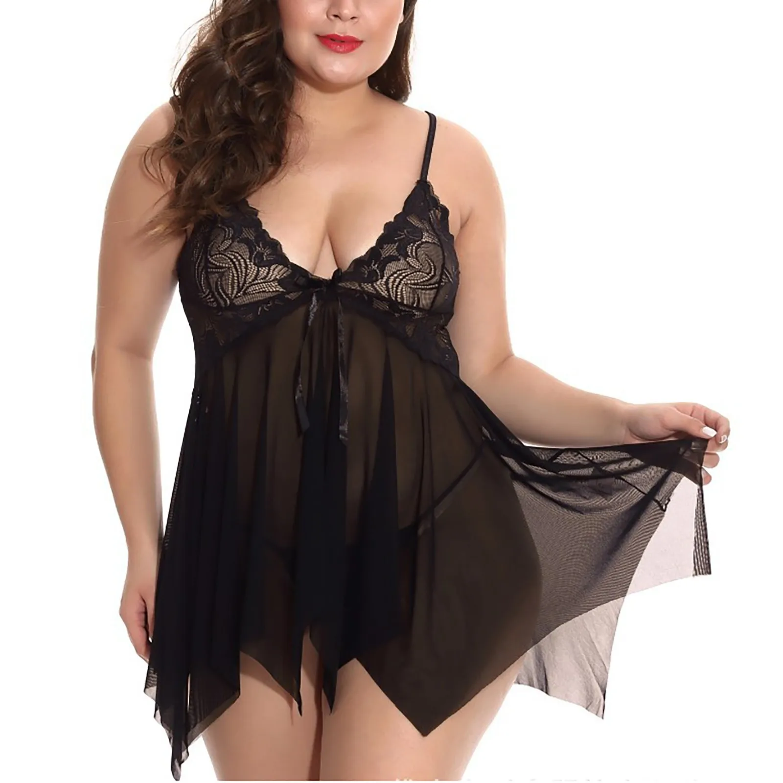 فستان سهرة مثير النساء ملابس خاصة حجم كبير ثياب النوم الخامس الرقبة ملابس داخلية مريحة الإناث الدانتيل منامة ملابس النوم Ropa De Dormir