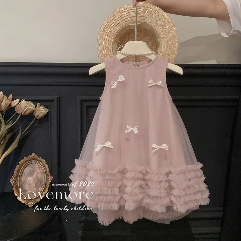 Kid Girl Blush Wedding Sleeveless Tulle Performance Children Fashion Dress Delicate Embellishments Layered Ruffled Show Skirt