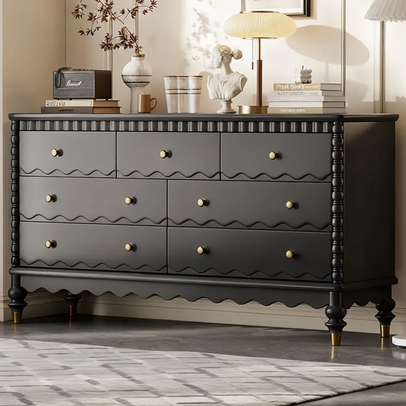 

ag-Living Room Furniture Solid Wood Pine Wood 5-Drawer Black White French Retro Bedroom Side Cabinet Wall-Mounted Sideboard#