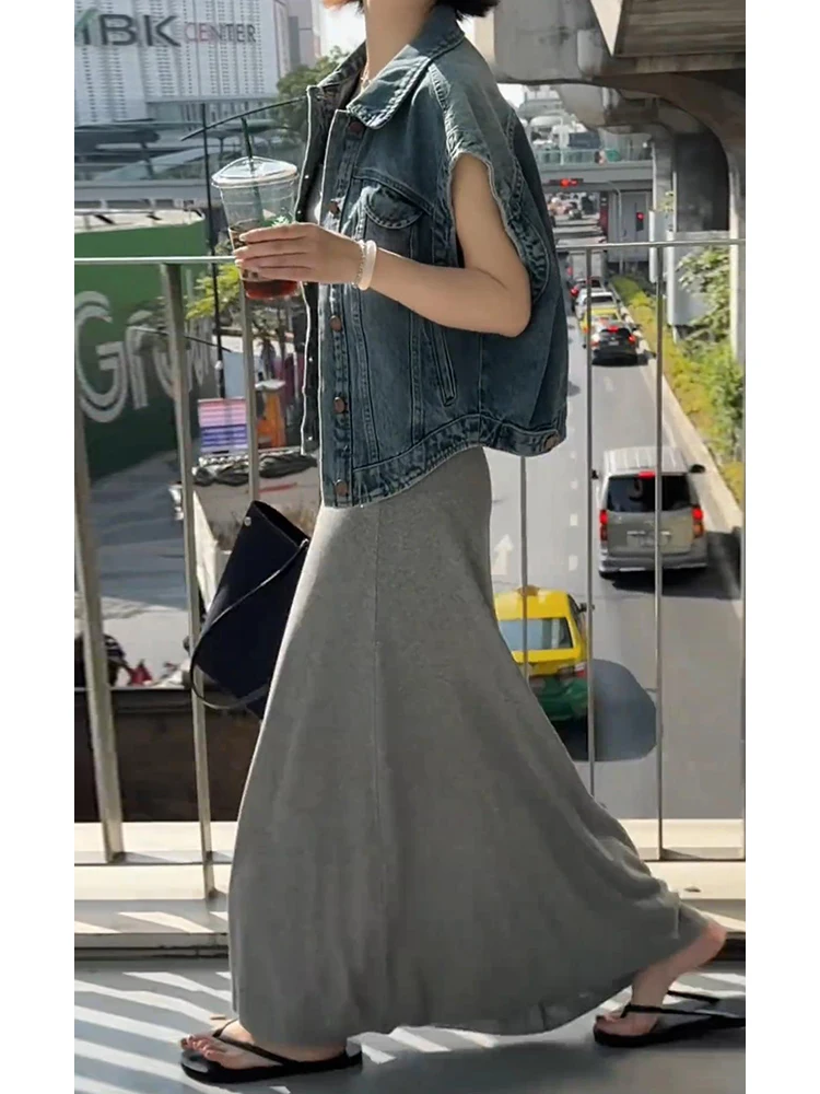 

Retro Denim Vest Women's Spring Layering Svel Top Small Jaet Collar Loose Fit Regular Thin Pure Color