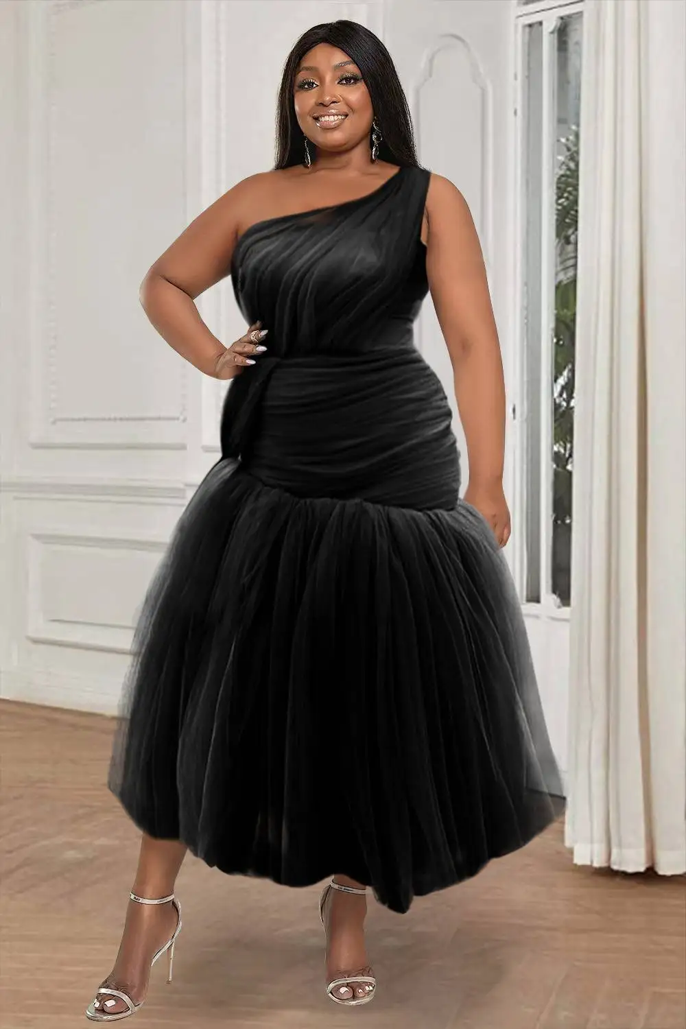 Plus Size Women Black Formal V-Neck Long Sleeve Backless Sequin Maxi Dress Elegant Long Dress