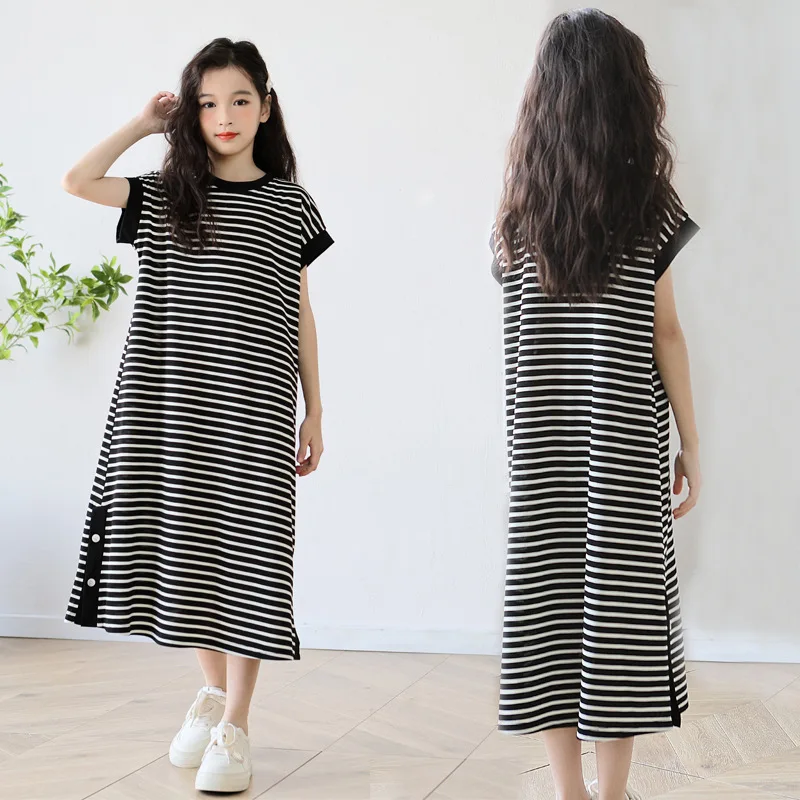 Kids Dress Straight 2024 New Summer Black Striped Girls Maxi Long Short Sleeve Princess T Shirts Dresses For Girls Side Slit