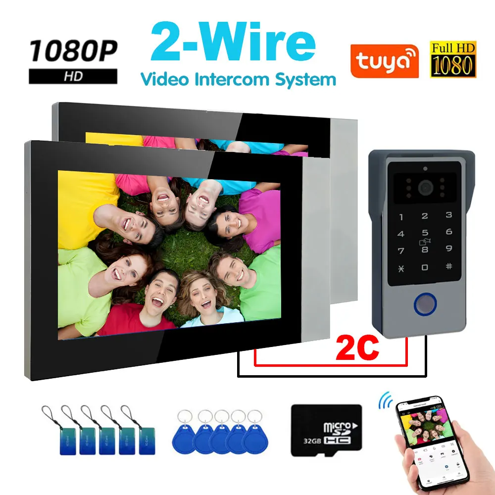 Two-Wire video Intercom System Tuya Wireless Wifi Video Intercom 1080P Video Doorphone 2PCS 7" Color Touch Screen Doorbell