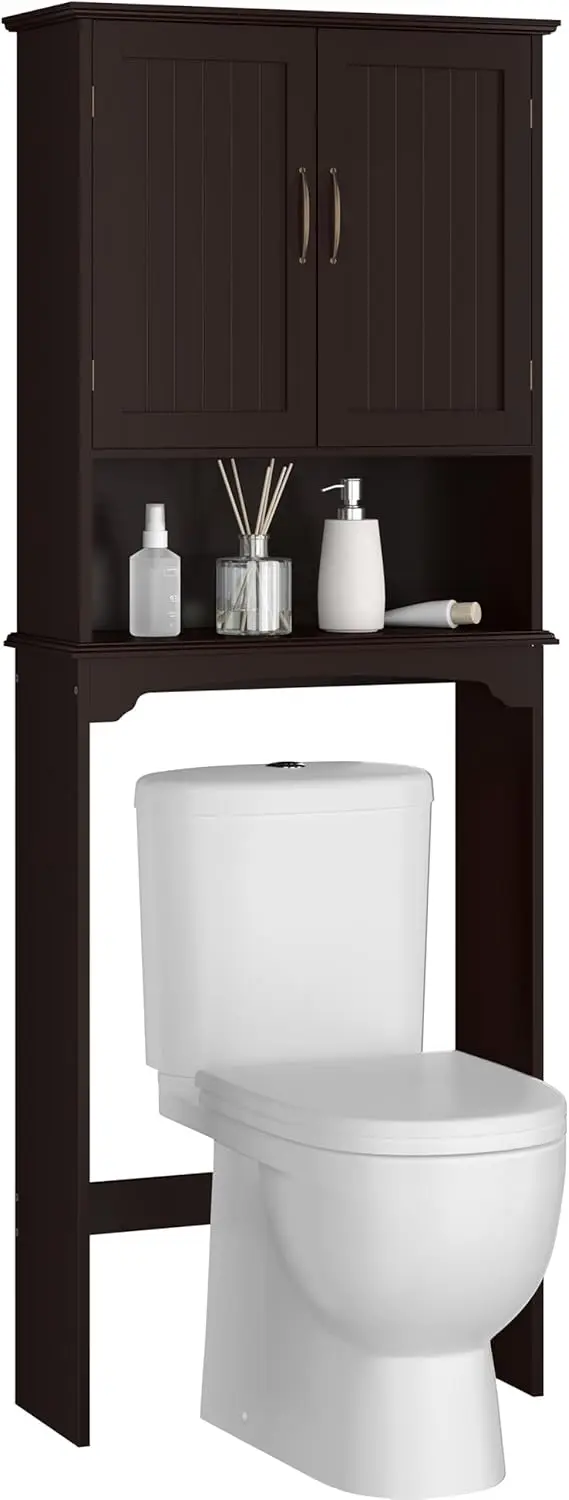 

Шкаф для хранения вещей над унитазом с 2 дверцами, регулируемой полкой, отдельно стоящая деревянная мебель для ванной комнаты, отделка цвета эспрессо