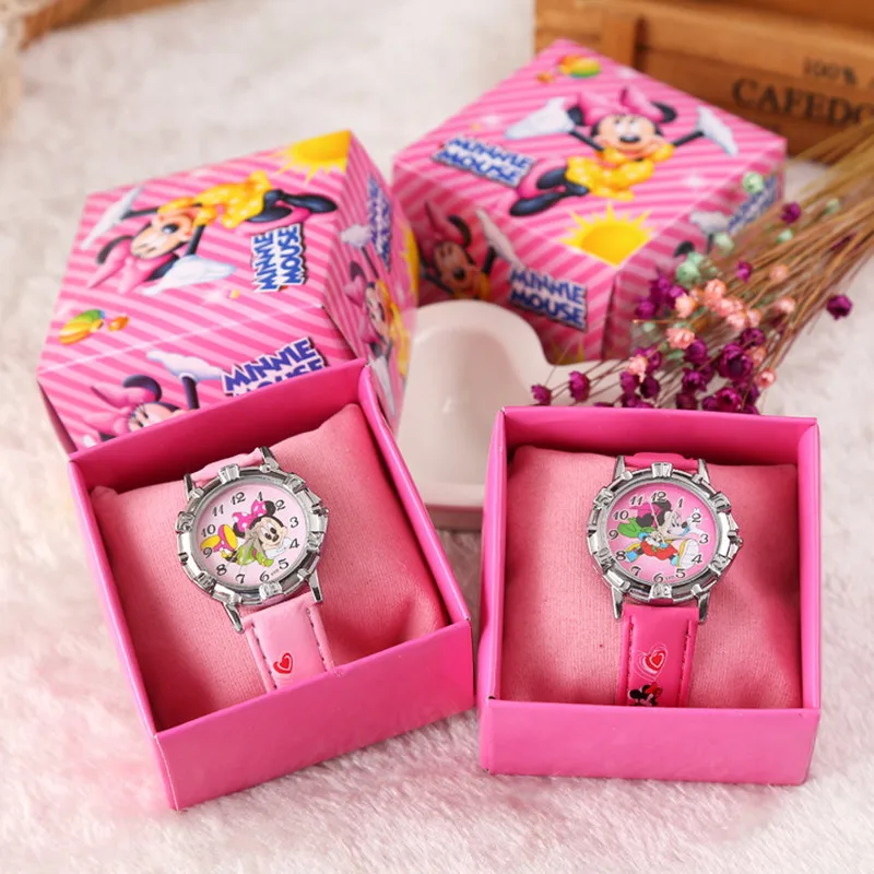 Disney Anime Mickey Mouse Watch with Box Kawaii Minnie Frozen Color Box Children\'s Watch Cartoon Kids Gifts Watch