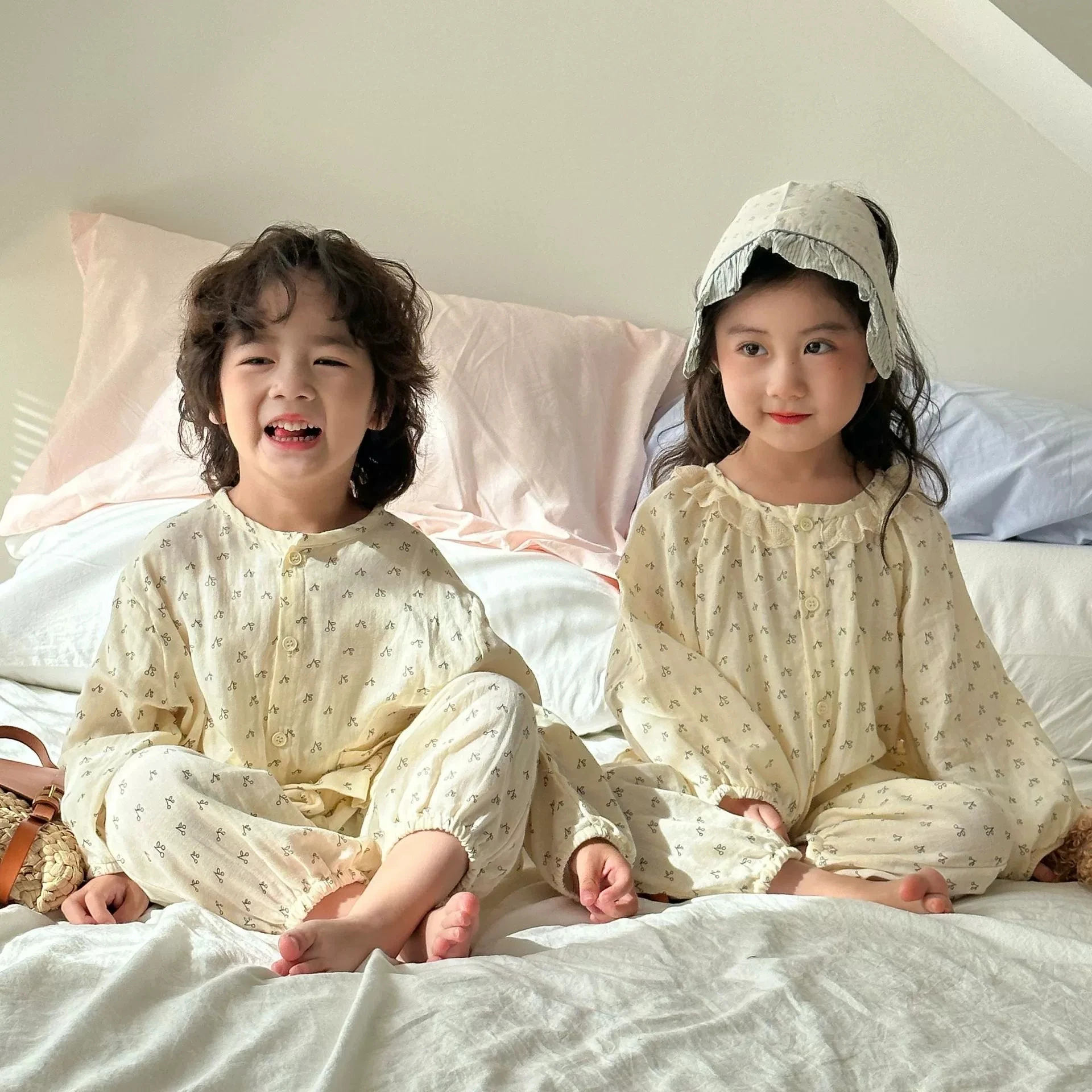 Autumn Spring 1-12 Years Children Cotton Full Print Shirt+Trousers 2 Pieces Suit Sleepwear Kids Boy Girl Soft Loose Pyjamas Set