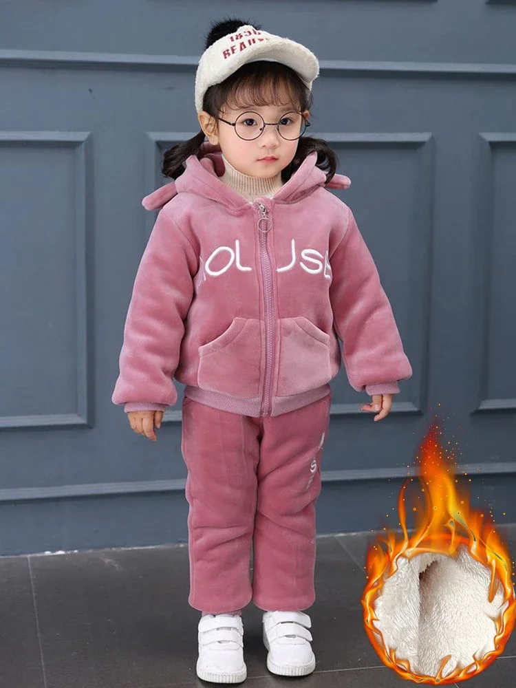 

Thicken Velvet Tracksuit Conjuntos Plush Lined Hooded Girls Sweatshirts + Winter Warm Jogger Pants Children Casual 2 Piece Sets