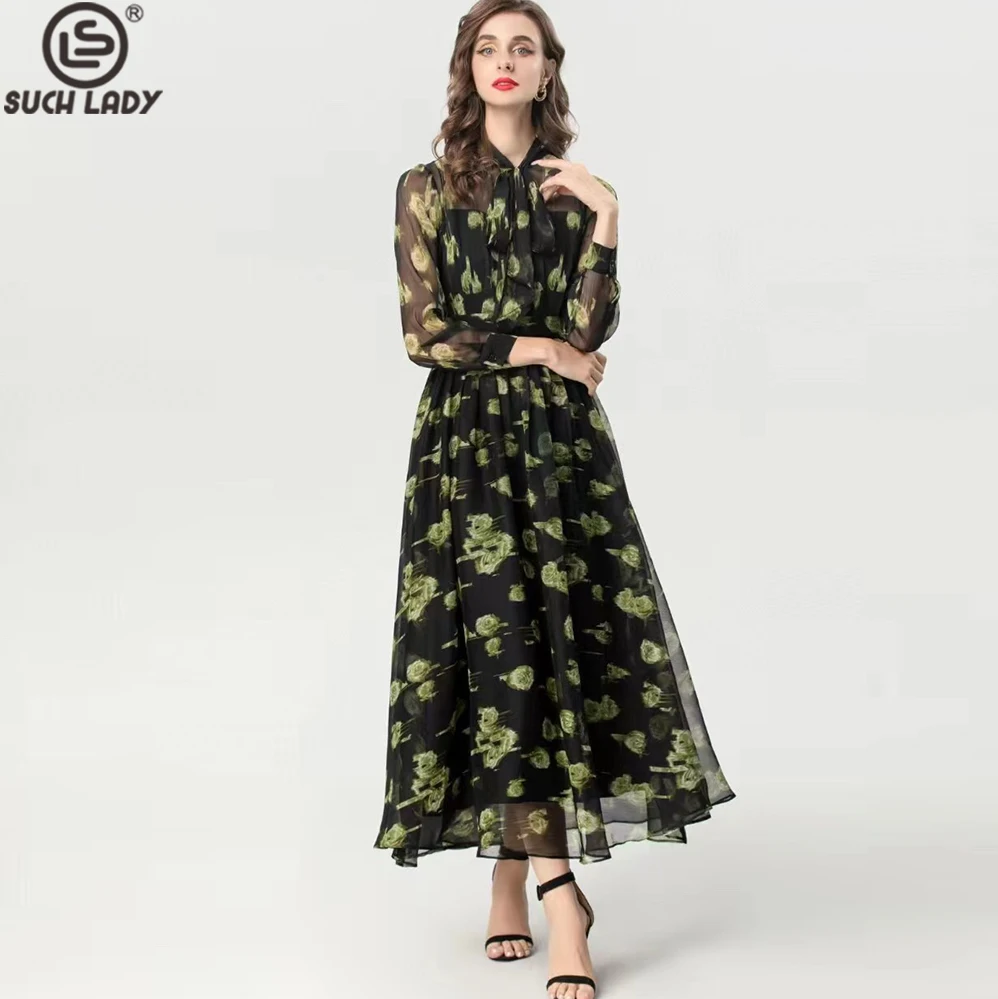 

Women's Dress Bow Collar Long Sleeves Printed Elegant Fashion Casual Vestidos