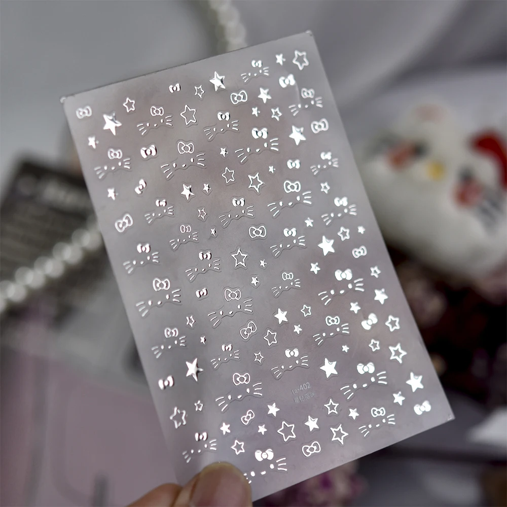 1 foglio 5D carino HelloKitty fiocco adesivo per unghie metallizzato argento Kitty Cat slider decalcomanie autoadesive adesivi per manicure Hello Kitty