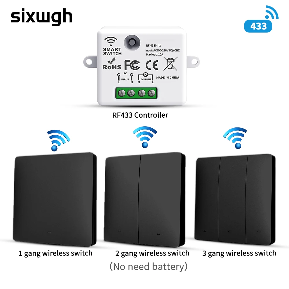 

Sixwgh 433MHz Wireless Intelligent Switch Kit Battery Free Design Waterproof Wall Mounted Intelligent Lighting Upgrade