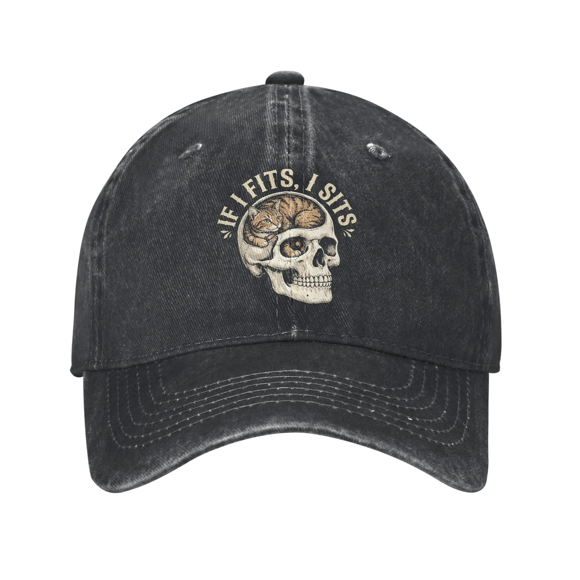 Summer If It Fits I Sit Black Cat Skull Gothic Dark Humor Baseball Cap Sun  Adjustable Custom DIY Washed Hip Hop Hats Tennis Cap
