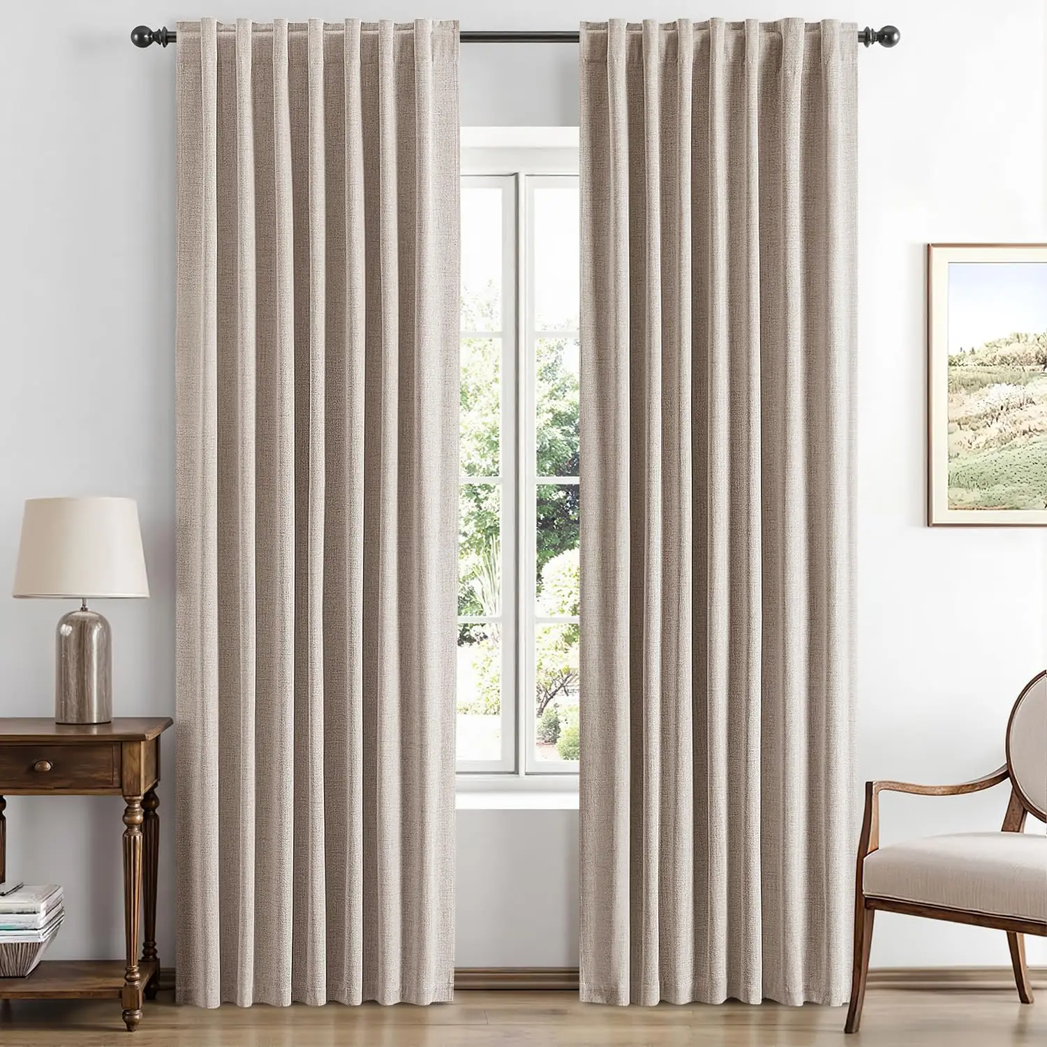 

100% Blackout Linen Curtains for Bedroom, Khaki Solid Luxury Decor Thermal Insulation Room Darkening Drapes for Living Ro