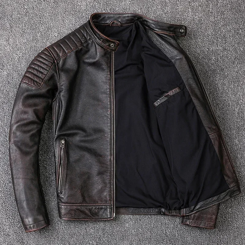 Vintage Men Leather Jacket Slim 100% Natural Cowhide Skin Jackets Motorcycle Coat Men's Biker Clothing Autumn M104