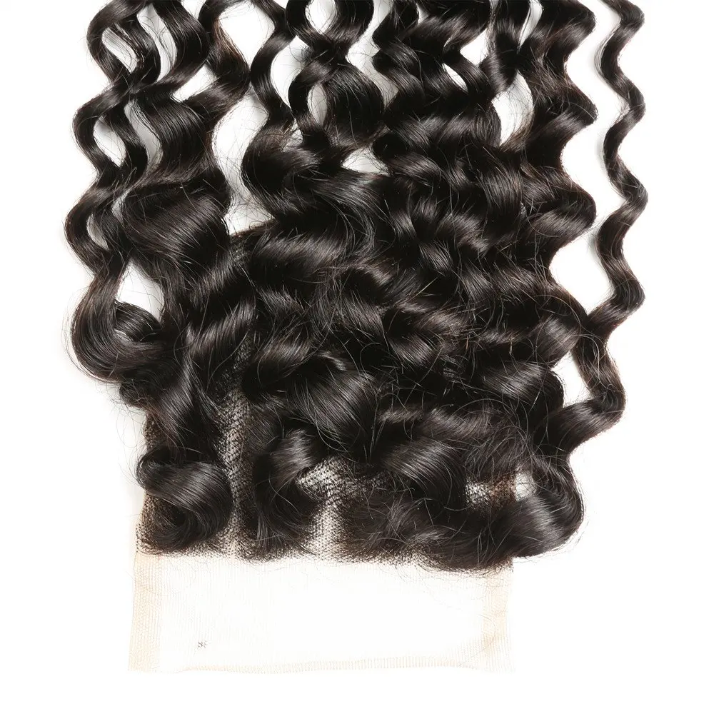 موجة المياه الدانتيل إغلاق 8-22 بوصة شعر مجعد طبيعي كتلة شعر بشري حقيقي 4x4 إغلاق أمامي شفاف الشعر البشري للنساء