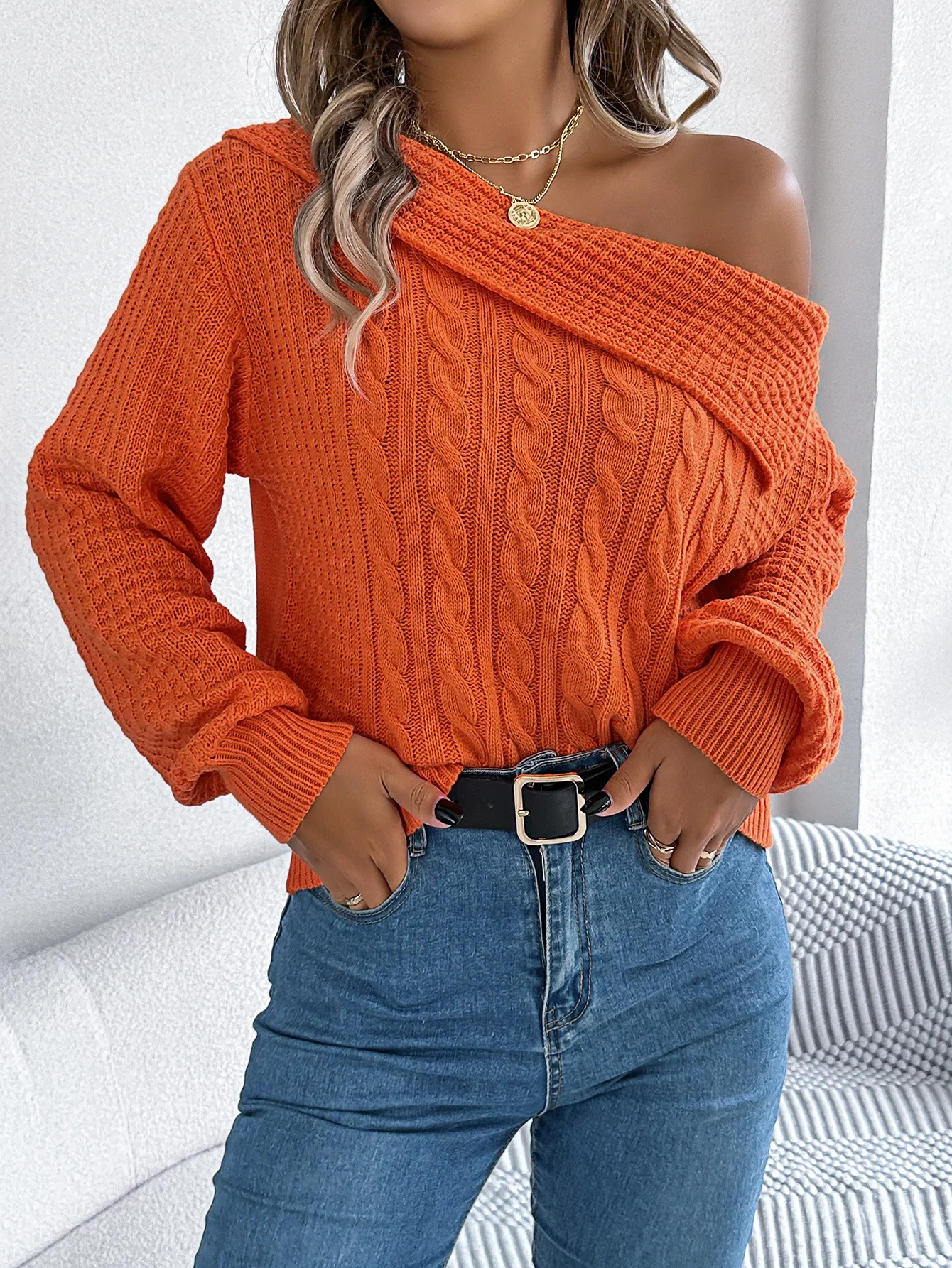 2024 Women's Pullovers Jumper Sweater Female Autumn and Winter Casual Sexy Lapel Off-shoulder Long-sleeved Pullover