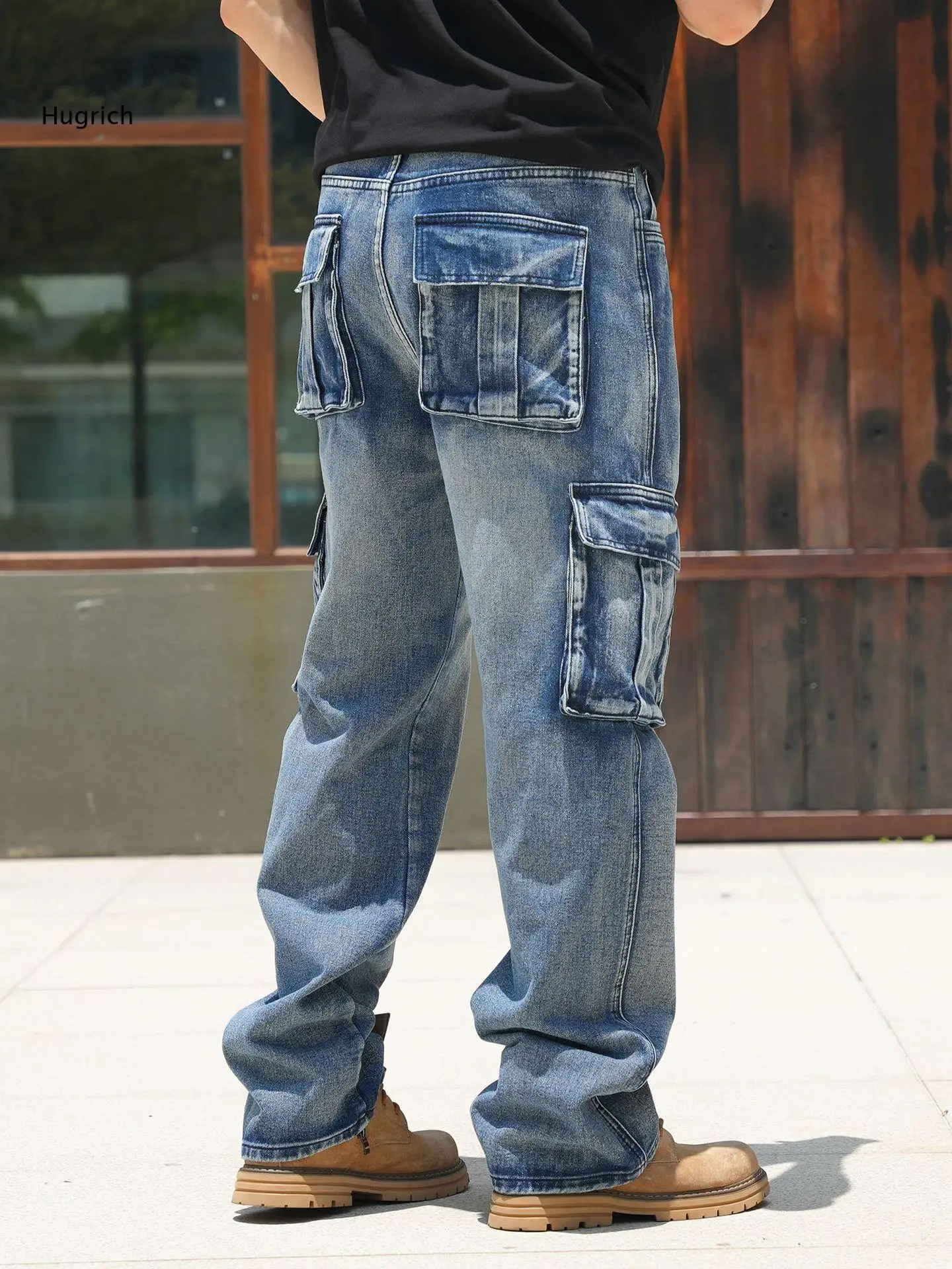 Men Loose Baggy Denim Cargo Trousers Vintage Washed Effect Multi Side Pockets Wide Leg Design For Street Daily Occasions