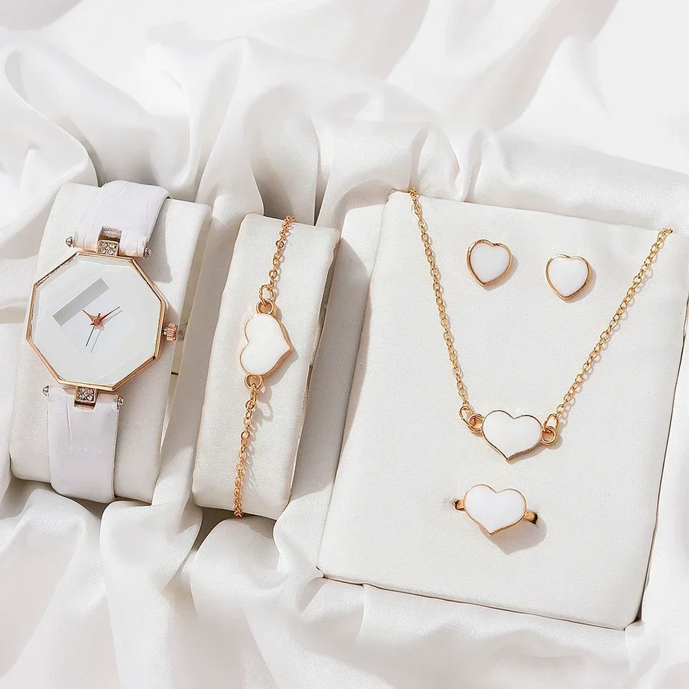 5 ชิ้นชุดแฟชั่นผู้หญิงนาฬิกาสุภาพสตรีนาฬิกาข้อมือสร้อยคอหญิงแหวนต่างหูของขวัญหนังควอตซ์นาฬิกา reloj mujer