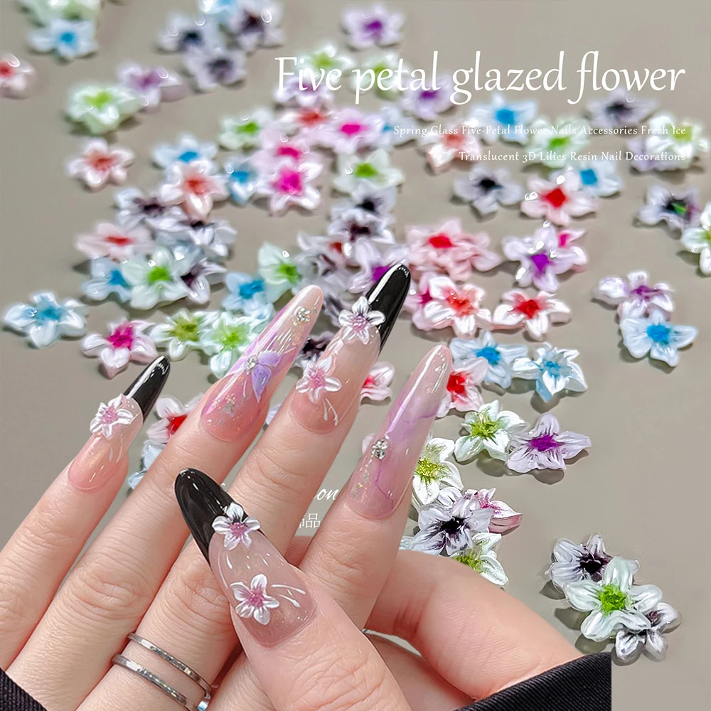 50Pcs 3D Soft Lily Flower Nail Art Charms Mixed Color Resin Irregular Five Petal Flower Acrylic Jewelry DIY Nail Art Decorations