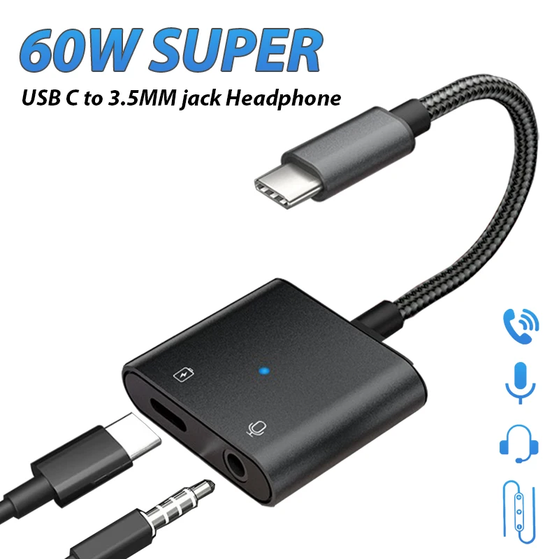 

2 IN 1 OTG USB Type C to 3.5 mm AUX Jack Audio Headphone Adapter Splitter 60W Fast Charging for Samsung Xiaomi iPhone 17 16 Air