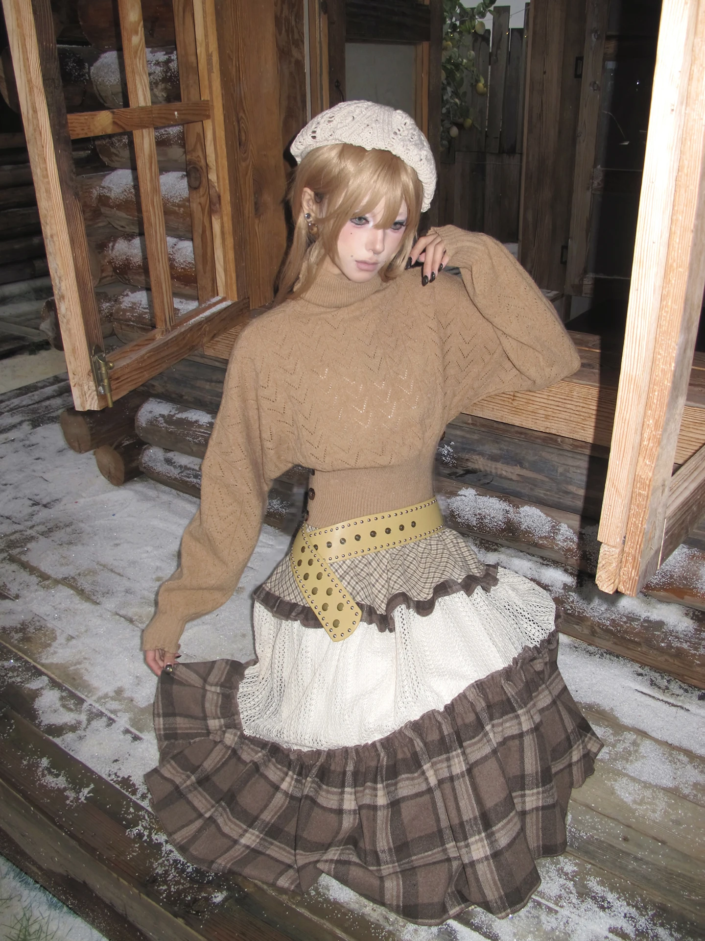 

High Collar Twisted Knit Sweater Women's Batwing Sve Waist Cinched Autumn Winter Brown Retro Sle Commute Faion Slim Fit