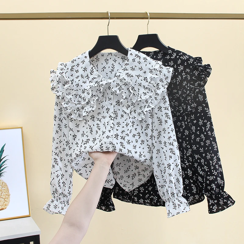 Chiffon Floral Shirt Women's Spring Autumn Unique Single Breasted Loose Jacket French Style Elegant Peter Pan Collar Top