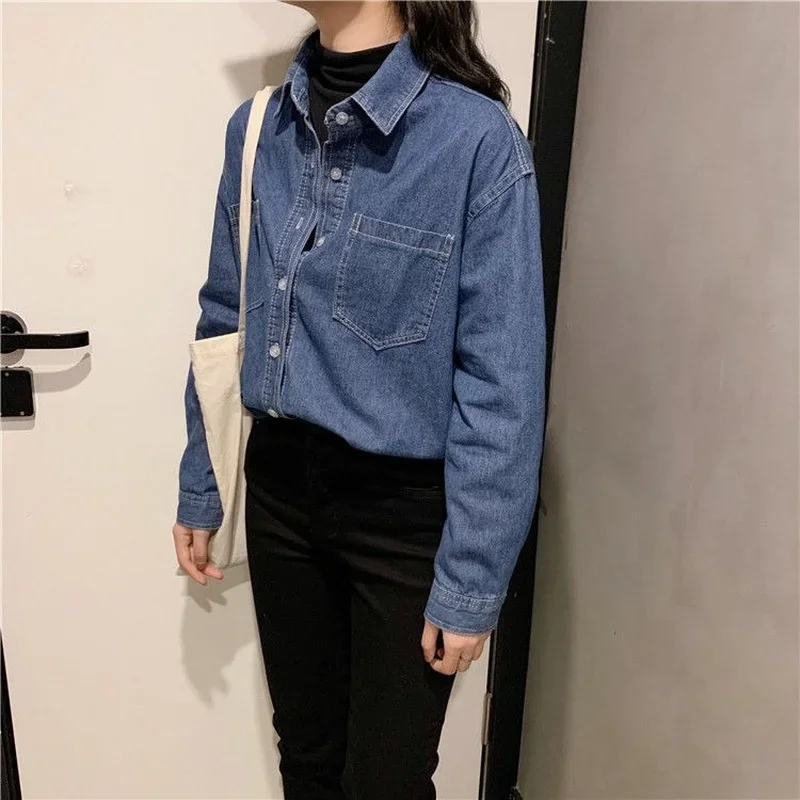 Denim Shirts Women Pockets Vintage Simple Spring Chic All-match Femme Casual Tops Ulzzang Daily Blusas Mujer Students New Cloth