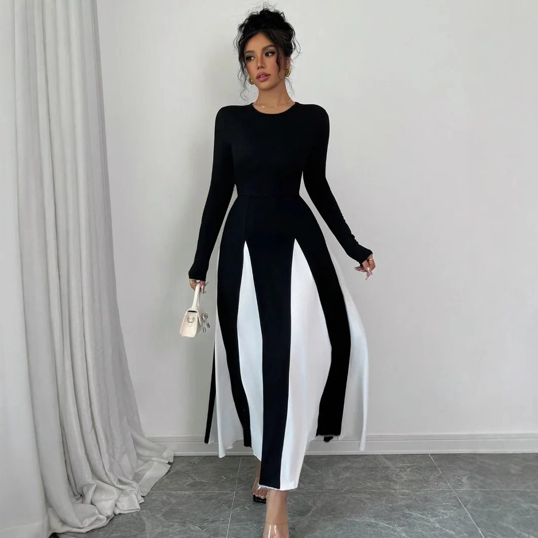 Faionable Color Blo Slim Fit Long Sve Dr Ele A-Line Silhouette Midi Dr للنساء صيف 2025 عبر الحدود