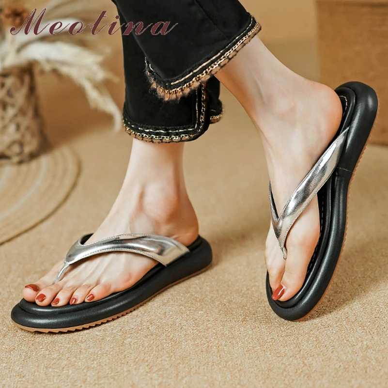 

Meotina Women Genuine Leather Flip Flop Round Toe Flat Sandals Platform Slippers Ladies Casual Shoes Summer Beige Silver 40