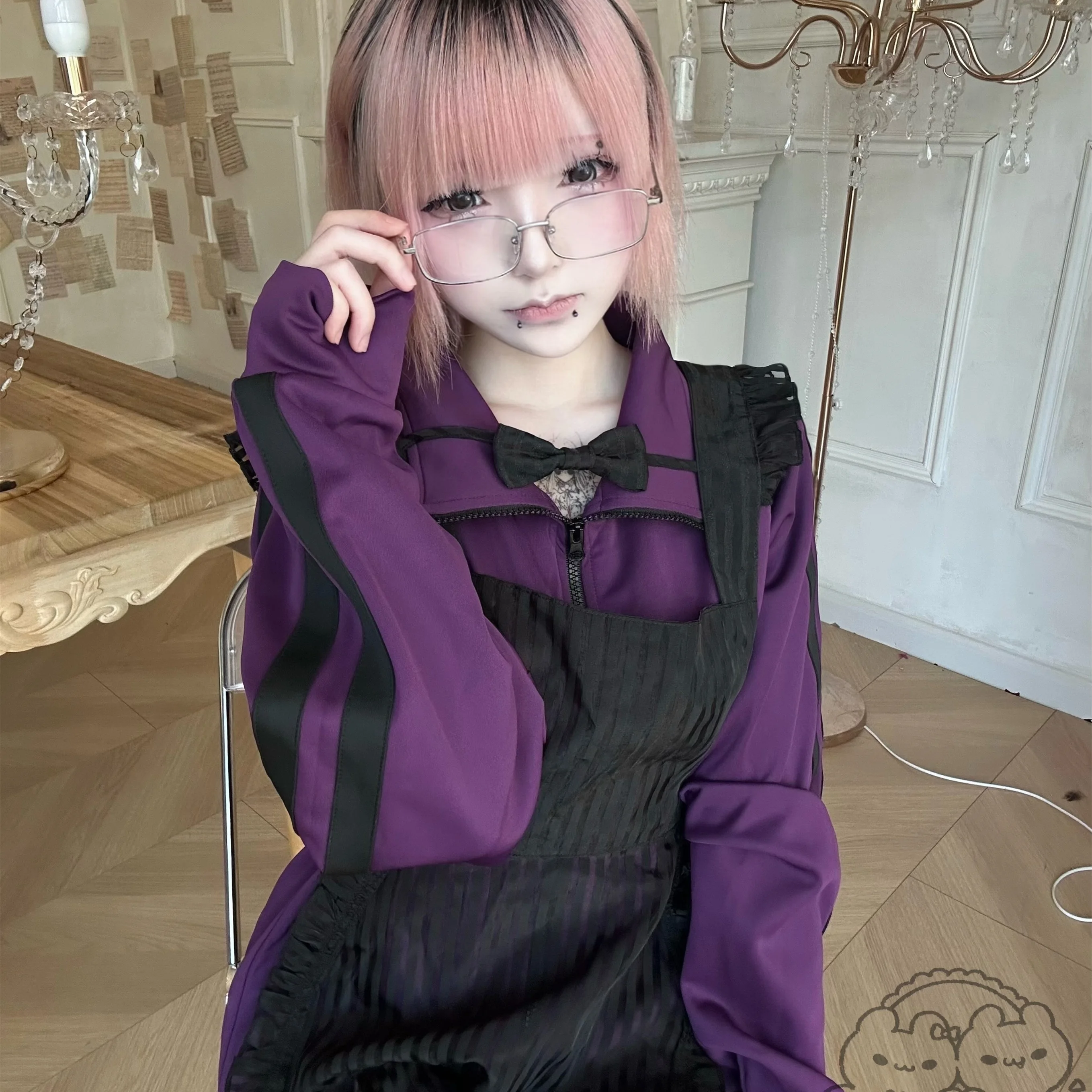 Spring Autumn Loose Mid Length Jacket Purple Black Japanese Cute Sports Style Shorts 2025 New Two Striped Decorative Jacket