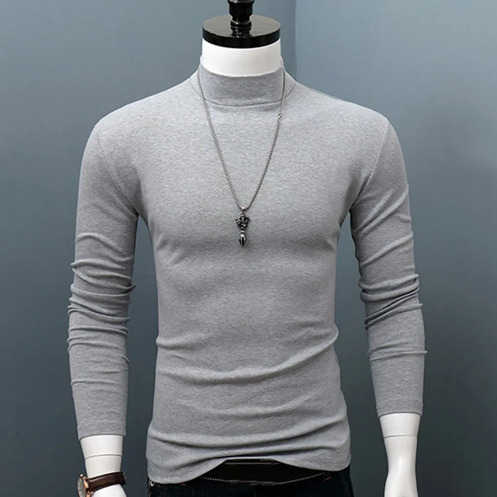 Men\\\'s Clothing Top M~2XL Slim Fit Solid Color Top 1pcs Pullover Winter Warm Basic Plain Long Sleeve Mock Neck