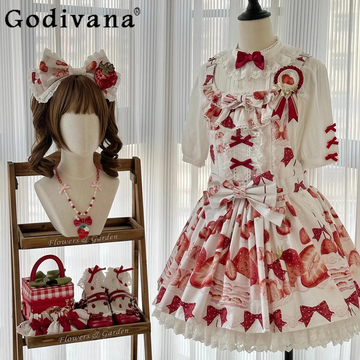 

Original Lolita Suspender Dress Jsk Cute Sweet Girls High Waist Strawberry Print Short Dress Student Kawaii Dress Vestidos Mujer