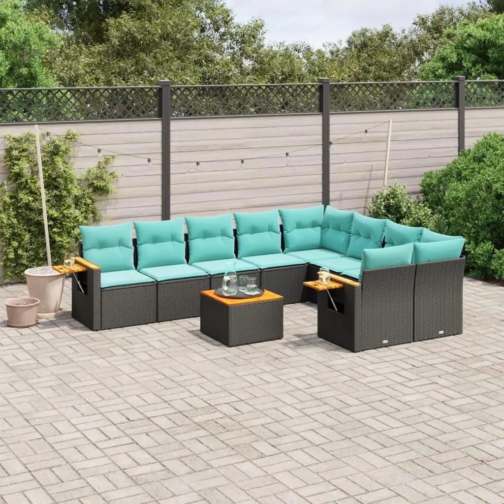 

10 Piece Outdoor Patio Sofa Set with Cushions Black Poly Rattan Garden Furniture