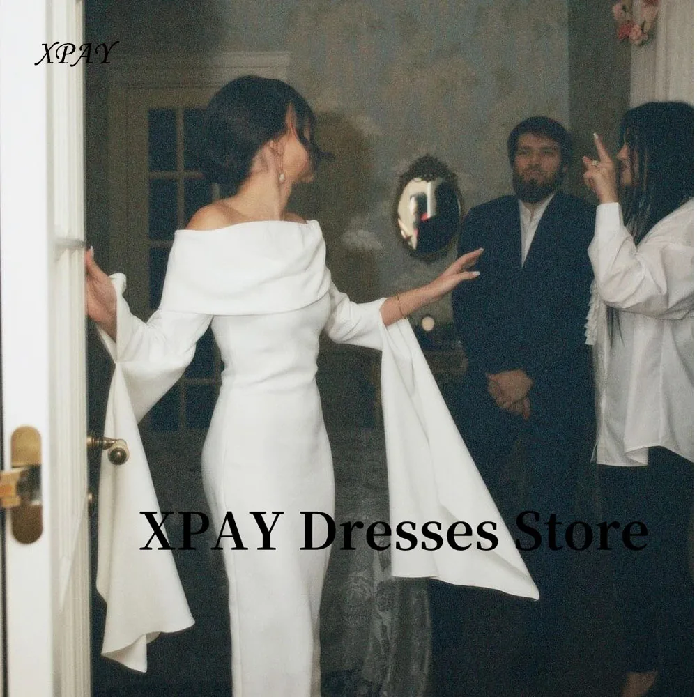 

XPAY Off Shoulder White Mermaid Evening Dresses Arabic Women Flare Long Sleeves Matte Satin Prom Gowns Formal Party Customized