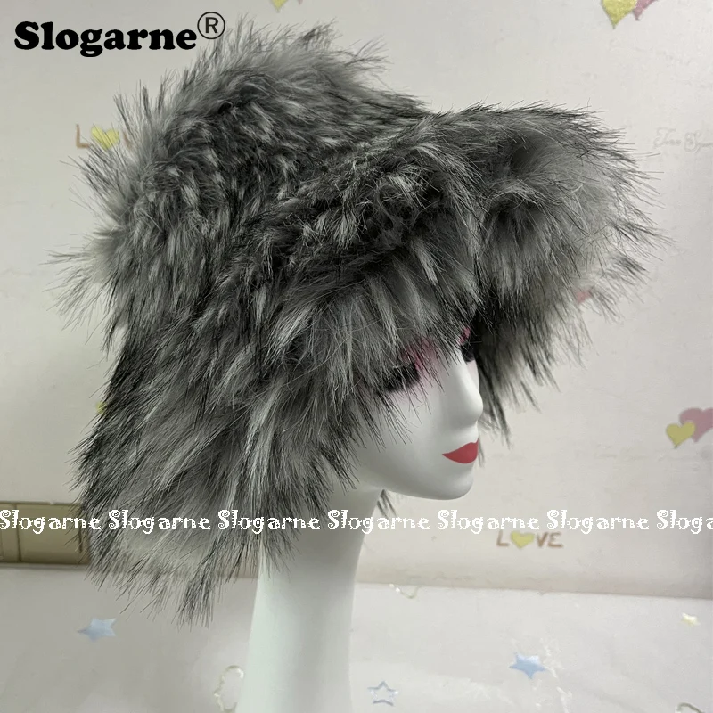 

2023 Y2K Fluffy Faux Fur Bucket Hat Women Raccoon Fur Warm Thick Plush Winter Hat Lady Luxury Fashion Party Panama Fisherman Cap