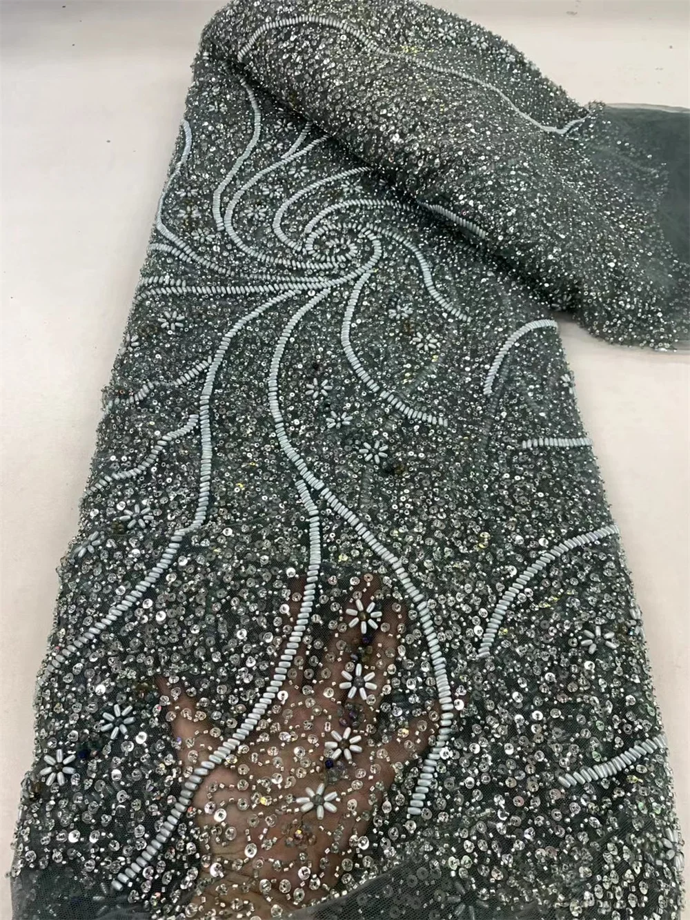 Luxury African Sequins Beaded Lace Fabric 2024 High Quality Groom Nigerian Wedding Bridal Embroidery French Tulle Fabric  A78-3