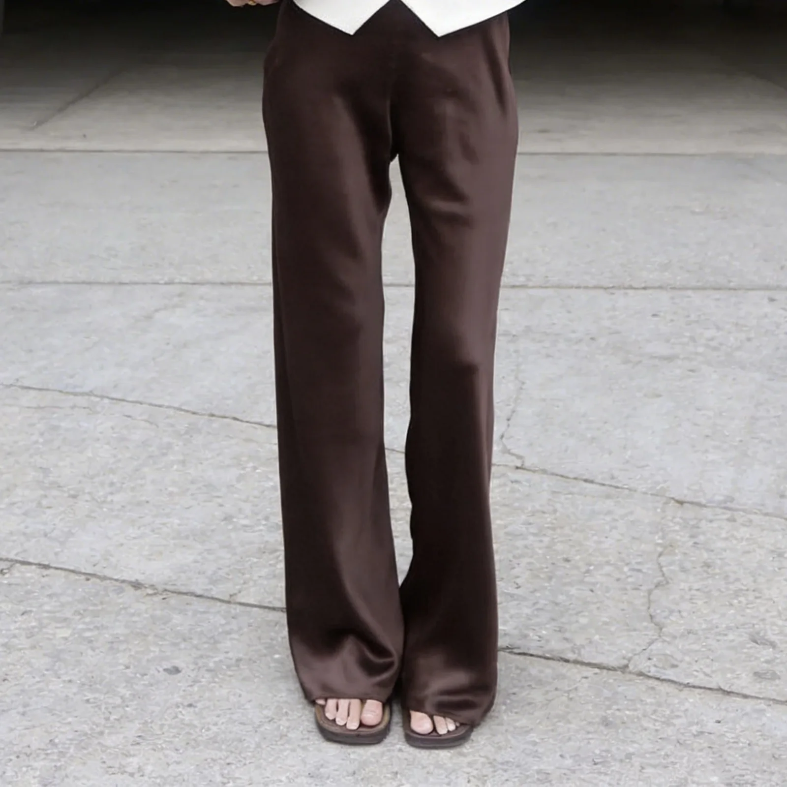 Elegent Women's Spring Summer Satin Pants High Waist Solid Color Loose Wide Leg Trousers