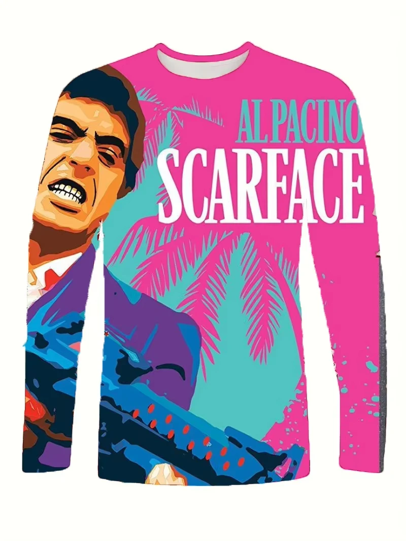 موضة جديدة قميص رجالي ثلاثية الأبعاد فيلم سكارفيس تي شيرت مطبوع طاقم مستدير كم طويل تي شيرت رياضة ملابس رياضية بلايز تيز الذكور الملابس